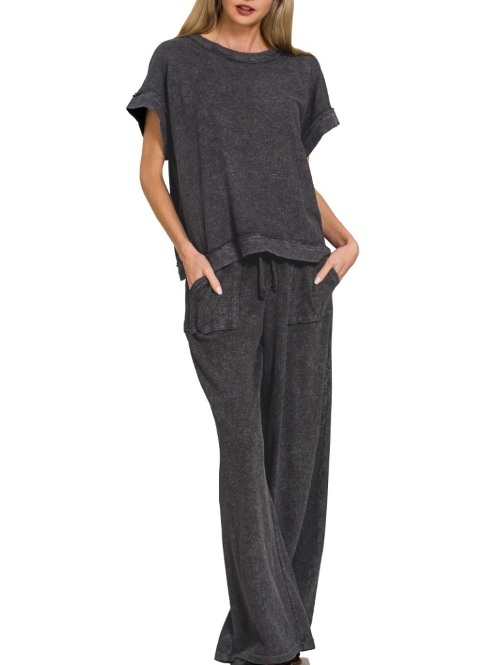 Zenana Washed Slub Short Sleeve Tee & Wide Leg Pants Lounge Set Black NWOT